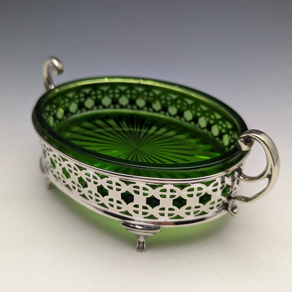 British Antique Butter Dish Silver Plate & Green Glass Inner
